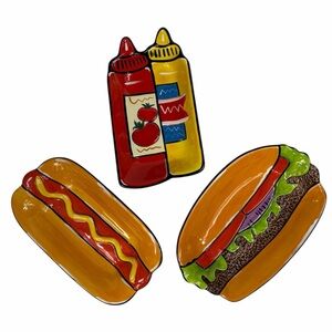 2007 Clay Art Grill Time Ceramic Hand Painted Colorful Hot Dog Condiment Plates